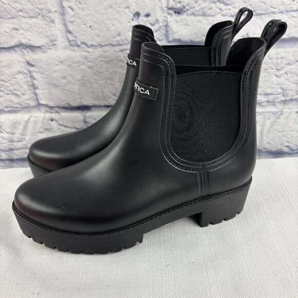 Nautica Women's 7 Black Rubber Waterproof Pull-on Chelsea Rain Ankle Boots - Picture 5 of 10